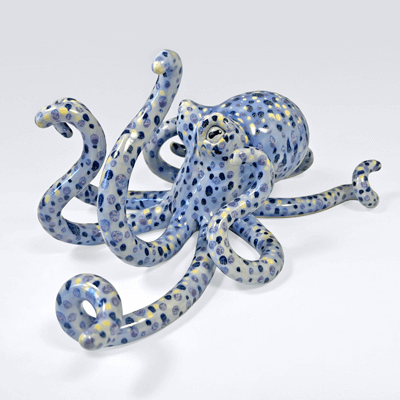 Photo of octo-blue-dotted sculpture.